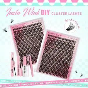 2 Set Cluster Lashes 320pcs 40D DIY Eyelash Extension D Curl Long Individual Lashes Mixed Tray Faux Mink Lash Clusters Extensions Black (9-16mm)