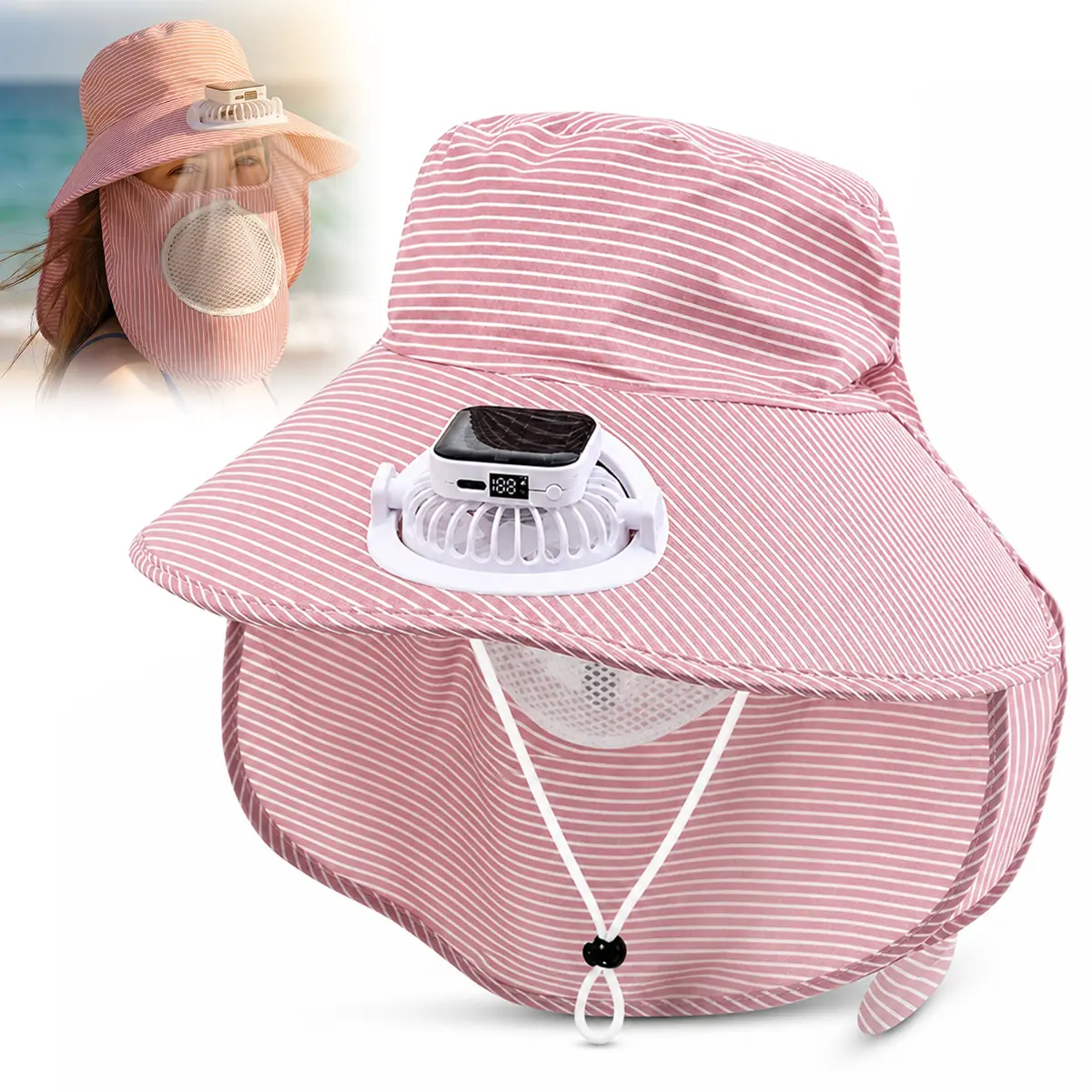Solar USB Rechargeable Fan Sun Hat for Men Women, UPF 50+ UV Protection Wide Brim Hat with Neck Flap, Quiet Cooling Fan Cap for Fishing Hiking Gardening Beach