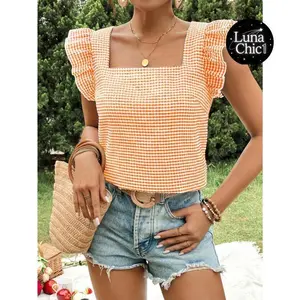 Summer gingham top featuring an orange check print, square neckline, and ruffled short sleeves