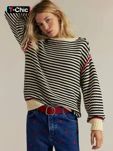 Stylish Casual Color Block Stripe Knit Sweater Top for Women, Thick Loose-Fitting Long Sleeve Round Neck for Fall & Winter, Womenswear Knitwear