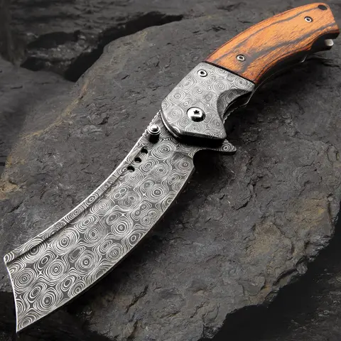 Boot Hill Razor Pocket Knife - Damascus, Wooden Handle Scales