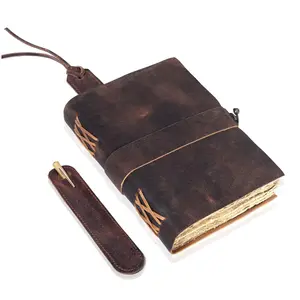 HLC Leather Journal, 200 Pages of Antique Deckle Edges  Paper  Journals for Men & Women,  Lock Closure Rustic Brown Leather Gifts with Pen Holder (10" X 7" inches)