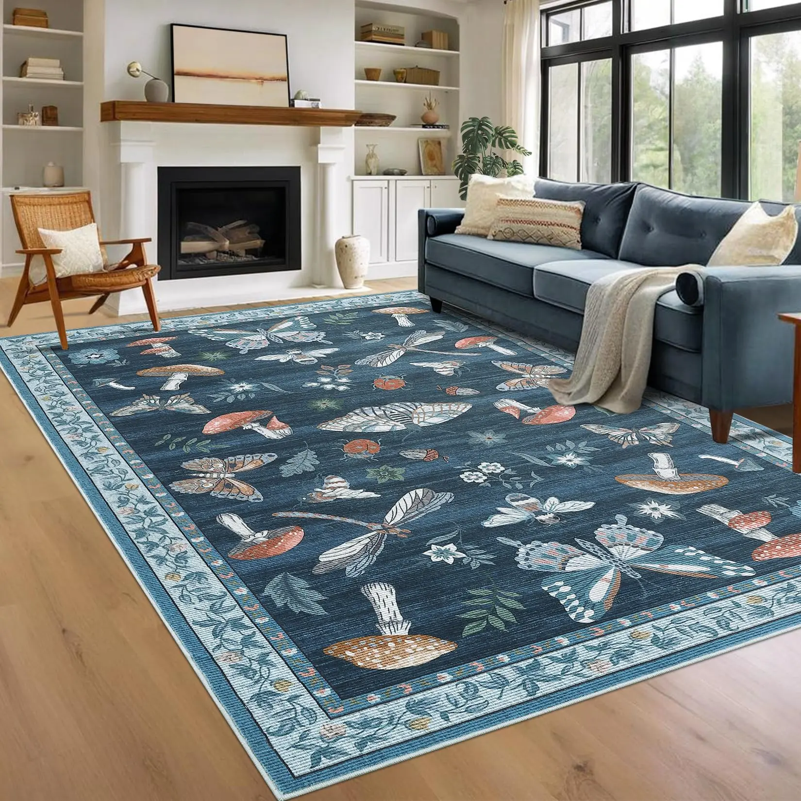GARVEE Mushroom 8x10 Rug for Living Room and Bedroom, Non-Slip, Washable, Soft Low-Pile with Rubber Back, Stain Resistant, Foldable Large Carpet for Office, Nursery, Dining Room in Blue