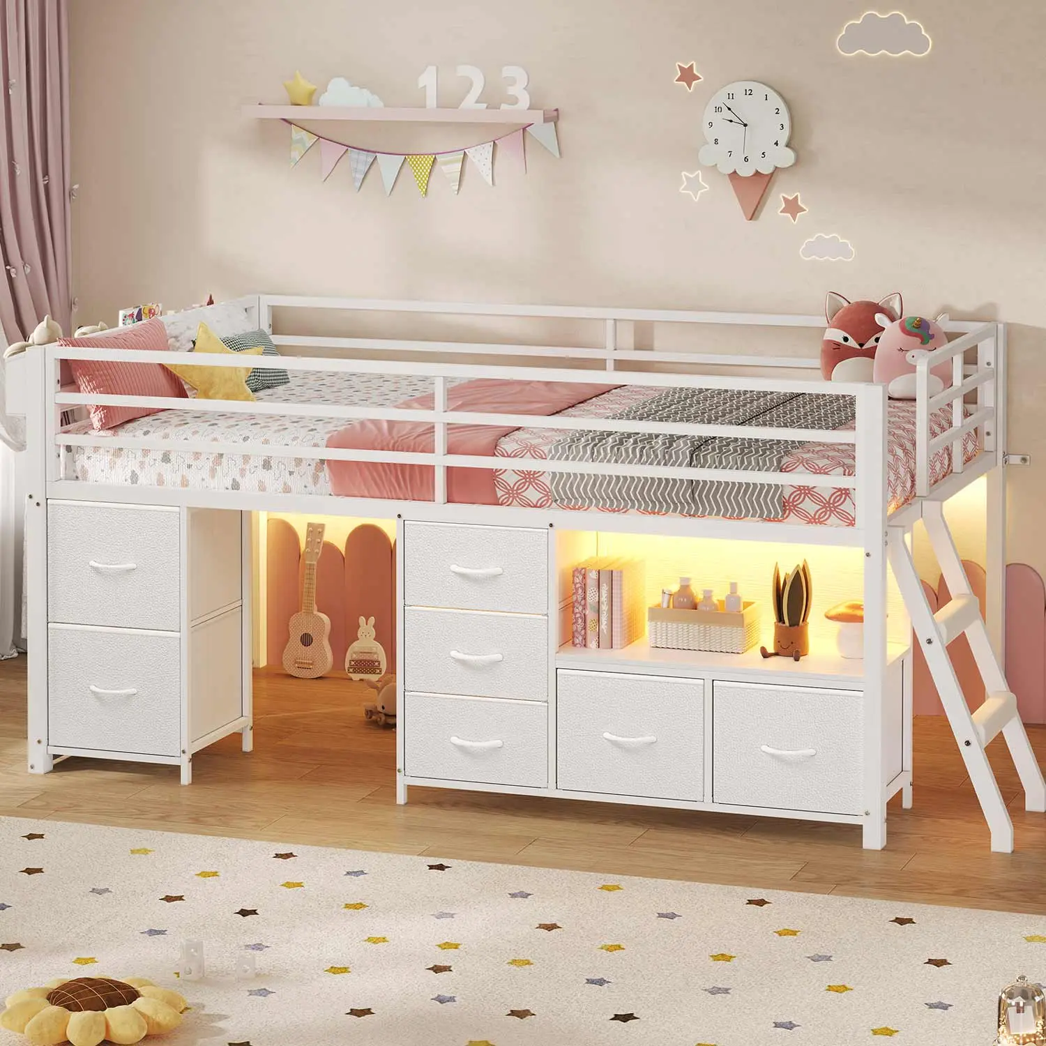 SIKAIC Twin Size Low Loft Bed with 7 Storage Drawers, Metal Bed Frame with Bookcase and LED Lights, White Space Saving Bedroom Furniture