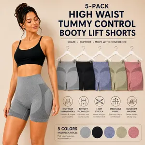 【5 Pack】High Waisted Tummy Control Booty Lift Shorts for Women Seamless Scrunch Butt Biker Shorts Workout Yoga Gym Compression Shorts Soft Stretch Shapewear Lounge Running Athletic Shorts Multipack for Fitness Training Daily Wear