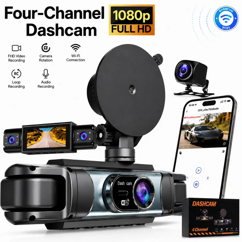 【LensMile】4-Channel 360° Surround View Dash Cam, 1080P FHD Car Safety Recorder with 4 Lenses (Front-Rear-Left-Right Cabin), 3.18" IPS Display, 2.4GHz WiFi App Control, WDR, Loop Rec, Reverse Assist for SUV, Van,techvibes