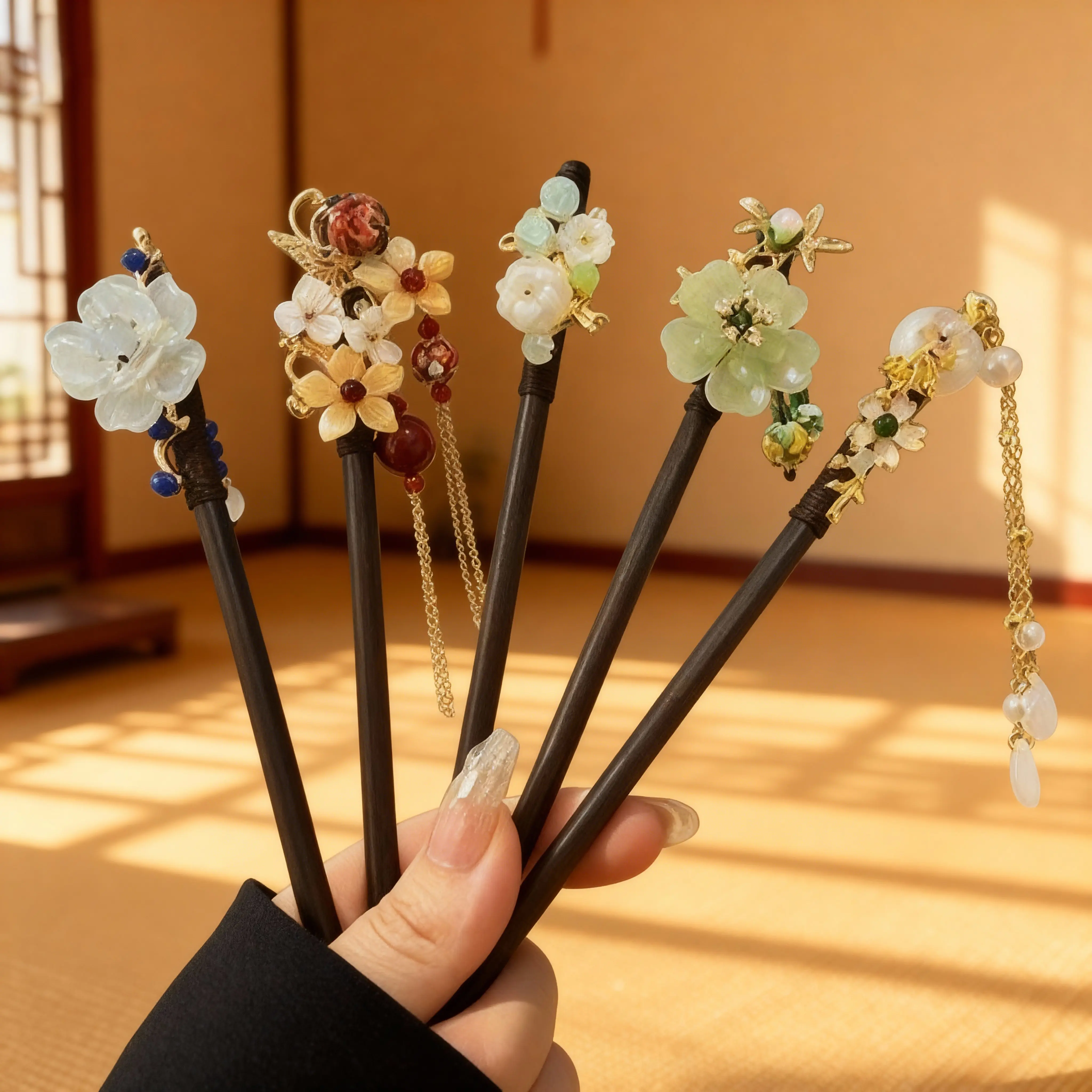5PCS Vintage Wooden Hairpin Set - New Chinese Classical Elegant, 15cm Copper Coin Shaped Detailed Carvings, Versatile for Hanfu Qipao, Memorial Day Engagement Business Ceremony Gift for Girls, Blue/Pink Clavicular Head Clip