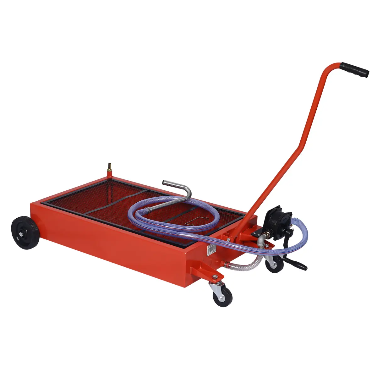 Portable Polypropylene Low Profile Oil Drain Pan Auto Repair Trolley, 17 Gal Capacity, Rolling with Electric Pump, 7.2 ft Hose & T-Folding Handle, Leak-Proof, Corrosion-Resistant for Fluid Drainage in Cars, SUVs, Trucks, ATVs, Red