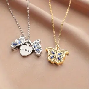 2 elegant and unique butterfly pendant necklaces that can be opened, engraved with the words "I love you", perfect for a romantic proposal or as a Valentine's Day gift, jewelry.
