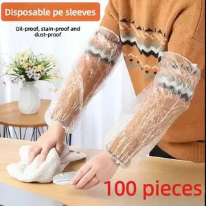 100 Pcs Disposable Waterproof Protective Arm Sleeves with Elastic Band, Blue, Oil-proof, Thickened and Extended, Adult Size, for Kitchen Cleaning and Food Use