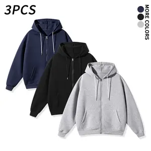 3 Pack Solid Color Full Zip Hooded Sweatshirts, Loose Casual Hooded Jackets, Available in Three Colors
