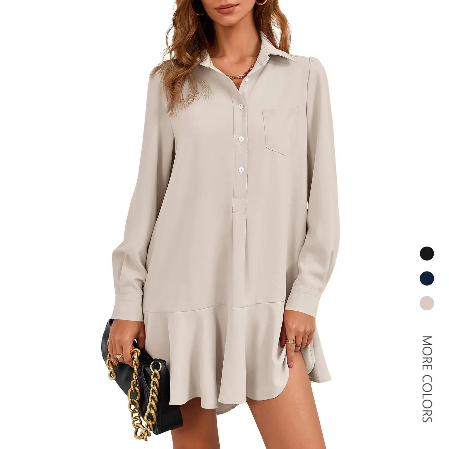 Danedvi Women's Long Sleeve Button-Adorned Figure-Flattering Casual Dress - Collared, Loose, Pleated Swing Hem, Mini Length, Minimalist Basic Button-Down Shirt Dress, Button-Adorned Casual Dresses