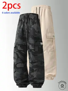 2-pack men’s long pants: camouflage cargo jogger pants with an elastic drawstring waistband and large side pockets; loose fit that doesn’t constrict the legs. Available in multiple colors; suitable for outdoor hiking and camping, everyday streetwear, shor