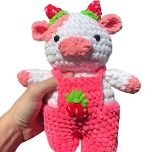 Strawberry Cow Crochet Plushie - Adorable Pink and White Design with Strawberry Accents for Cute Fans 15in Tall Chenille Yarn Safety Eyes