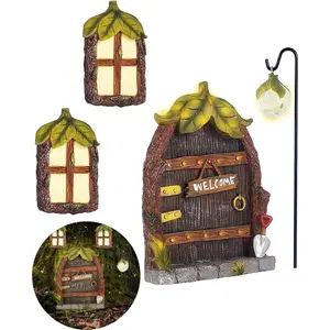 Miniature Fairy Garden Accessories Fairy Door and Windows for Trees, Glow in The Dark Yard Sculpture Lawn Ornament Mini Garden Art Outdoor Decor with Lantern