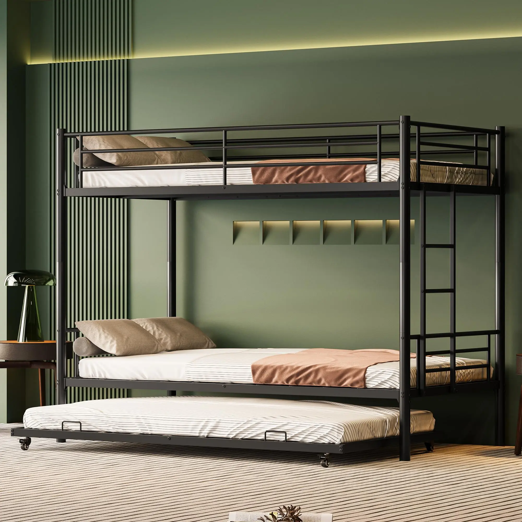 Black Twin Over Twin Steel Bunk Bed with Trundle Add-On, Anti-Rust Fold-Out Heavy-Duty Industrial Bed Frame, 2 Side Ladders, Safety Guardrails, Easy Setup, No Box Spring Needed, Kids Single Size Option, Anti-Rust Bed Frames, Fold-Out Bed Frames