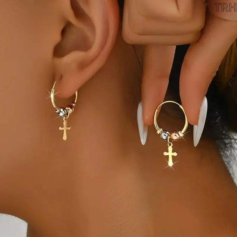 Tri Color Bead Cross Charm Hoop Earrings for Men Women, Gold Small Huggie Hoops with Two-Tone Ball & Cross Pendant, Vintage Gothic Hip Hop Unisex Ear Jewelry for Street Punk Daily Matching Outfits