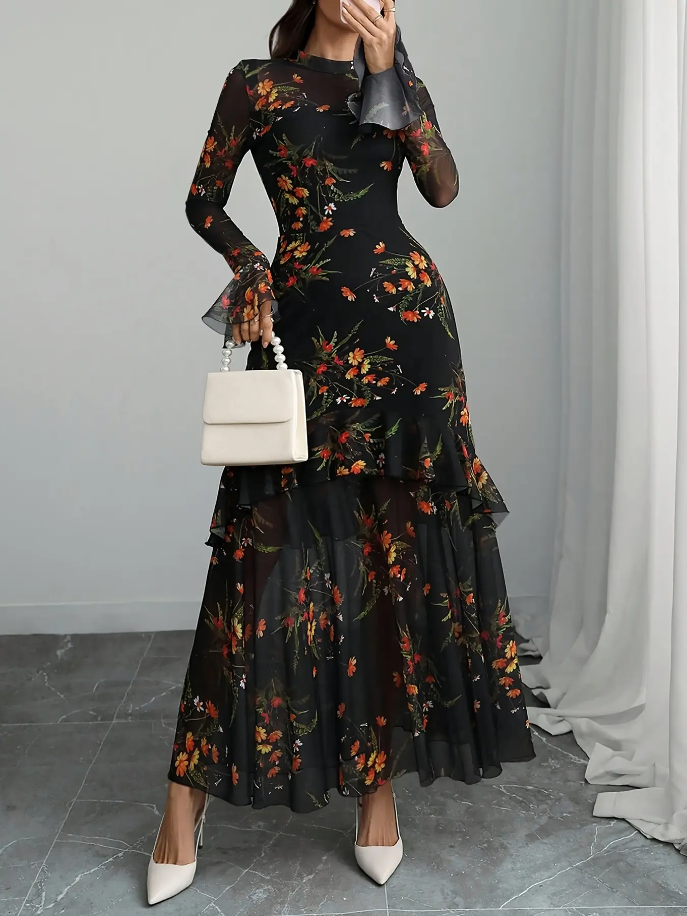 Elegant Chic Round Neck Long Sleeve Dress for Women, Dresses for Party, Floral Hem and Sleeves, Waist Cinch Design, Perfect for Parties and Outings