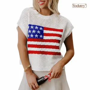 4th of July Women's American Flag Crochet Knit Top | Patriotic Short Sleeve Mesh Sweater | Cute Summer Country Festival Outfit