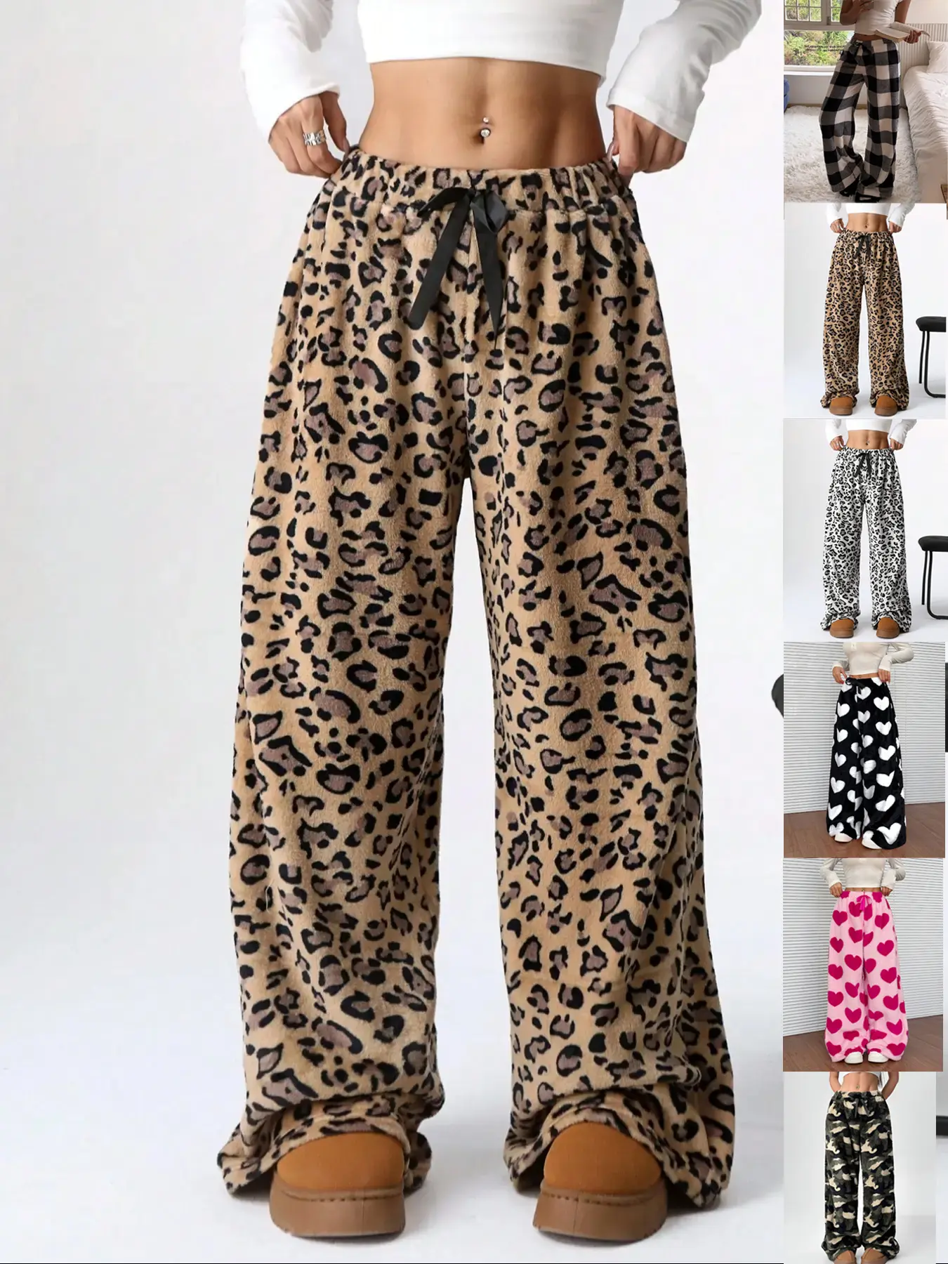 Women's Leopard Print Bow Decor Elastic Waist Wide Leg Athleisure Style Pants, Casual Soft Comfy Fit Trousers for Daily Wear, Ladies Bottoms for Fall & Winter Womenswear