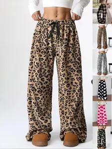 Women's Leopard Print Bow Decor Elastic Waist Wide Leg Pants, Casual Comfy Trousers for Daily Wear, Ladies Bottoms for Fall & Winter