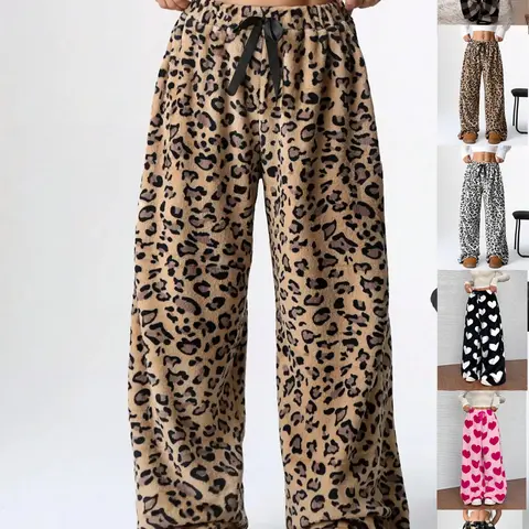 Women's Leopard Print Bow Decor Elastic Waist Wide Leg Athleisure Style, Casual Soft Comfy Fit Trousers for Daily Wear, Ladies Bottoms for Fall & Winter Womenswear, Printed Pants