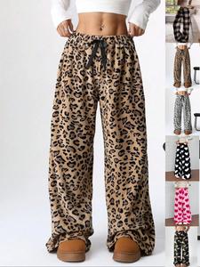 women's leopard print bow decor elastic waist wide leg pants, fit casual baggy soft comfy fabric trousers for daily wear, ladies loose bottoms for fall & winter, pants for women, going out bottoms, womenswear, casual street trousers