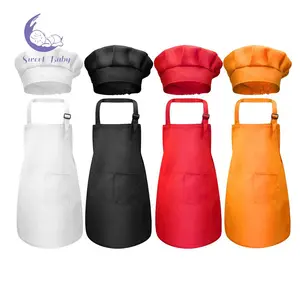 Baby Craft Apron And Hat Set Solid Color Front Pocket Bib Apron + Elastic Band Cooking Cap