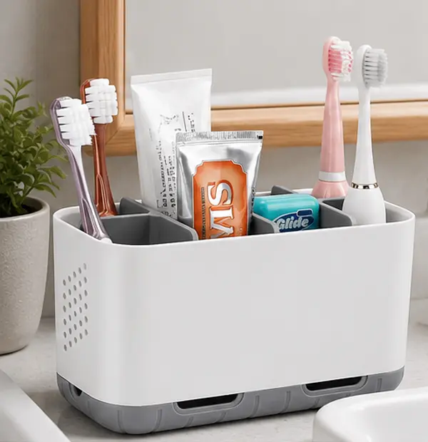Toothbrush & Toothpaste Holder for Bathroom Counter, Drainage Bathroom Organizer with Adjustable Dividers, Large Toothbrush Caddy, Anti-Slip Storage for Family & Kids (Gray)