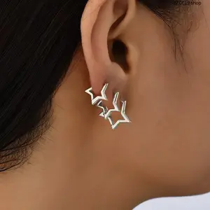 Women's 3-Piece Earring Stacking Set - 2 Styles Hollow Star & Mixed Design Stackable Gold Silver Huggie Earrings for Summer Vibes