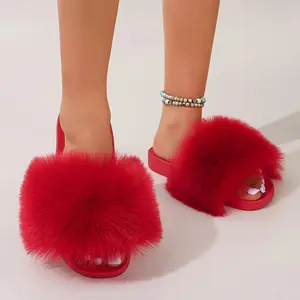 Women'sFluffyFurrySlippers,FashionSolidColorOpenToeIndoor&OutdoorShoes,StylishFlatSlideShoes
