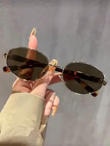 Vintage Oval Fashion Glasses, 90s Women's Metal Frame Designer Style, Summer Beach Vacation Outdoor Casual Daily Wear