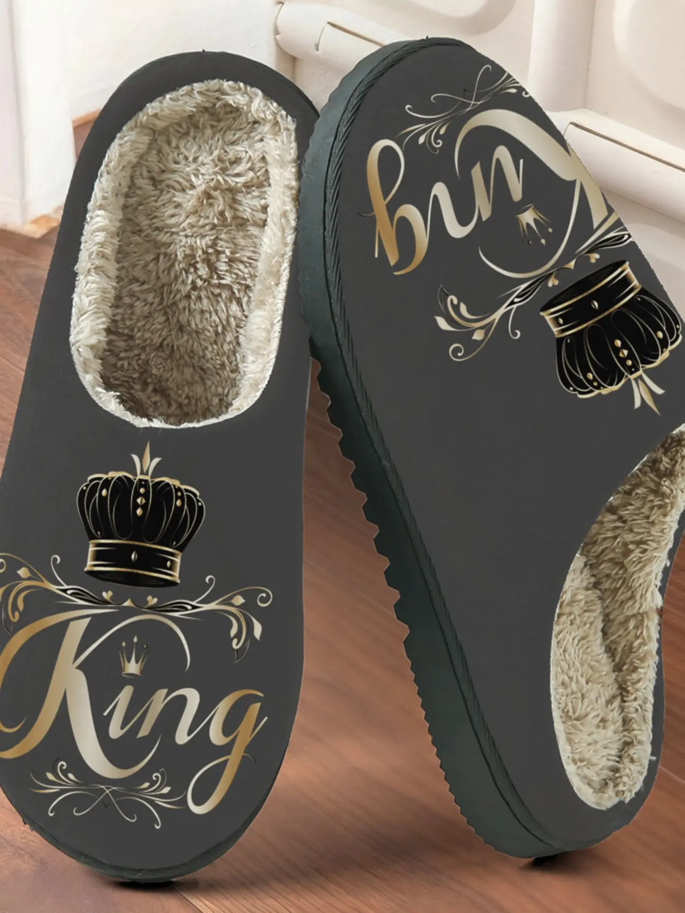 Luxurious Gold Crown Cotton Slippers, Plush Lined Anti-Slip Thick Sole, Casual Geometric Design, Fall & Winter Warm Home Shoes