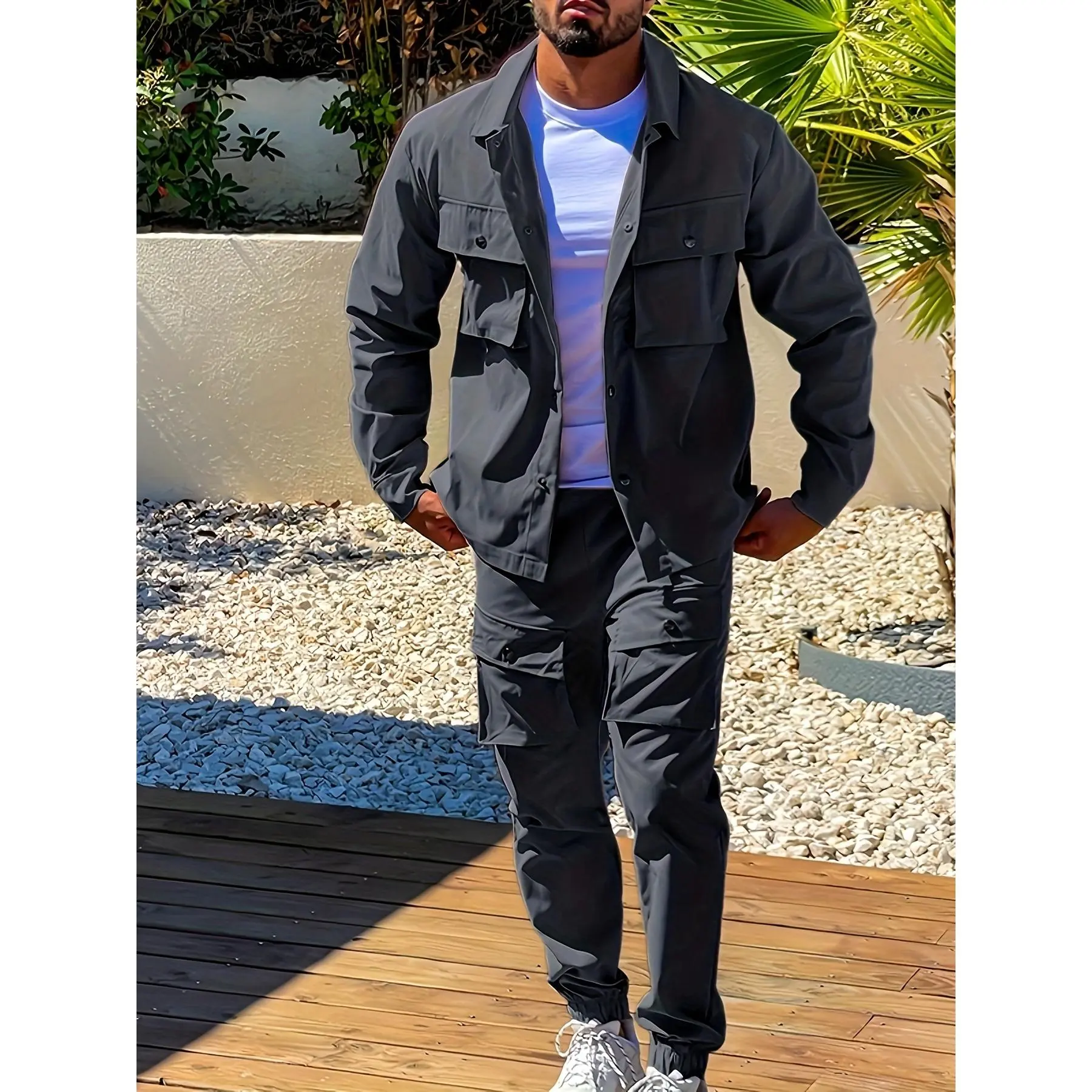 Men's Plain Khaki Casual Sports Clothes Set - European & American Trendy Menswear Fashion Outfit