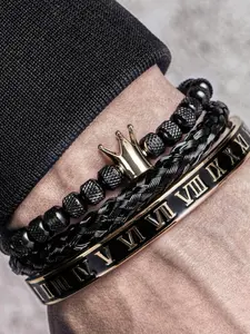 Men's Crown Design Beaded Bangle, Fashionable Braid & Roman Numerals Cuff Bracelet for Party, Daily Decor, Trendy Exquisite Jewelry for Birthday Gift