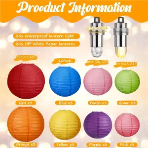 48 Pcs Paper Lanterns And LED Lantern Lights Set 24 Hanging Round Lantern 24 Decorative Battery Powered Chinese Lantern Party Decorations For Indoor Outdoor, 4 Sizes (Colorful)