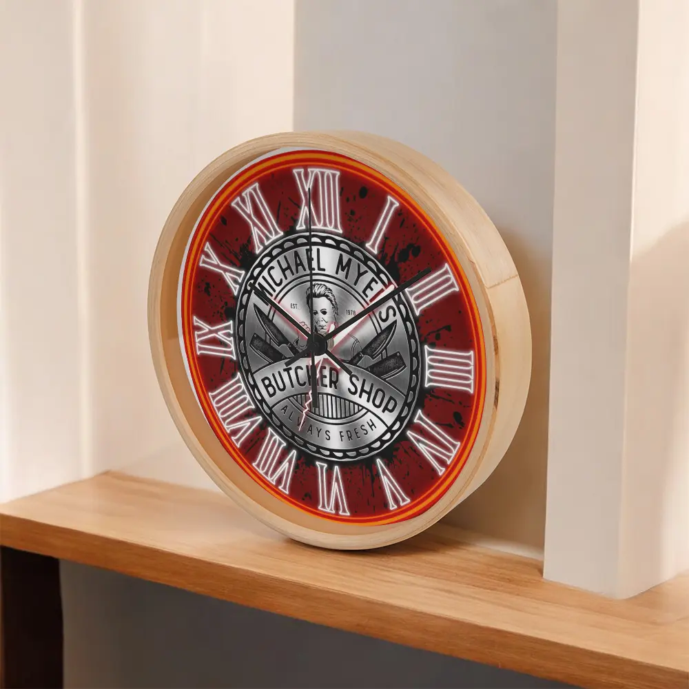 Michael Myers Halloween "Always Fresh" Retro Vintage Horror Wall Clock with Roman Numerals, Red Neon, Home Decor, Room Decor