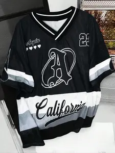 Men's Regular Fit Letter Print Short Sleeve Crew Neck Baseball Jersey, Casual Stylish Baseball Top for Fall & Winter, Men's Clothes for Daily Wear, Sportswear Top