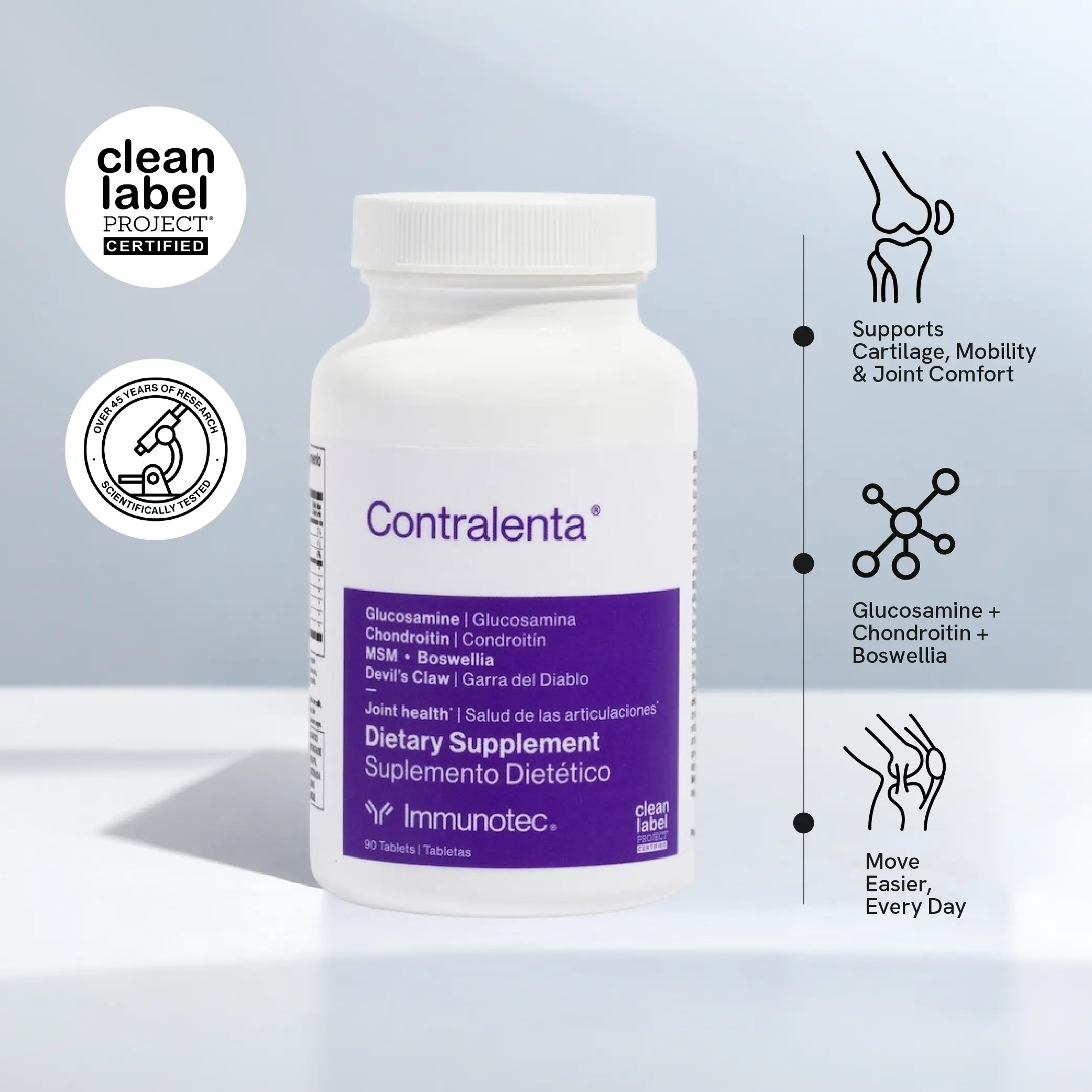Immunotec Contralenta Edible Dietary Tablets - Clinically Proven Joint Repair & Anti Inflammation Vitamins Supplements for Adults with Glucosamine+MSM, Chondroitin, 6 Botanical Extracts, Anti-Inflammatory Lifestyle Support, Joint Flexibility, Bone Health