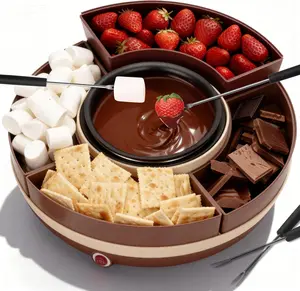 Cheese & Chocolate Fondue Machine, Candy Melting Pot for Party, Electric Fondue Pot Set, Chocolate Warmer Hot Chocolate Maker with 4-Section Food Tray, Brown