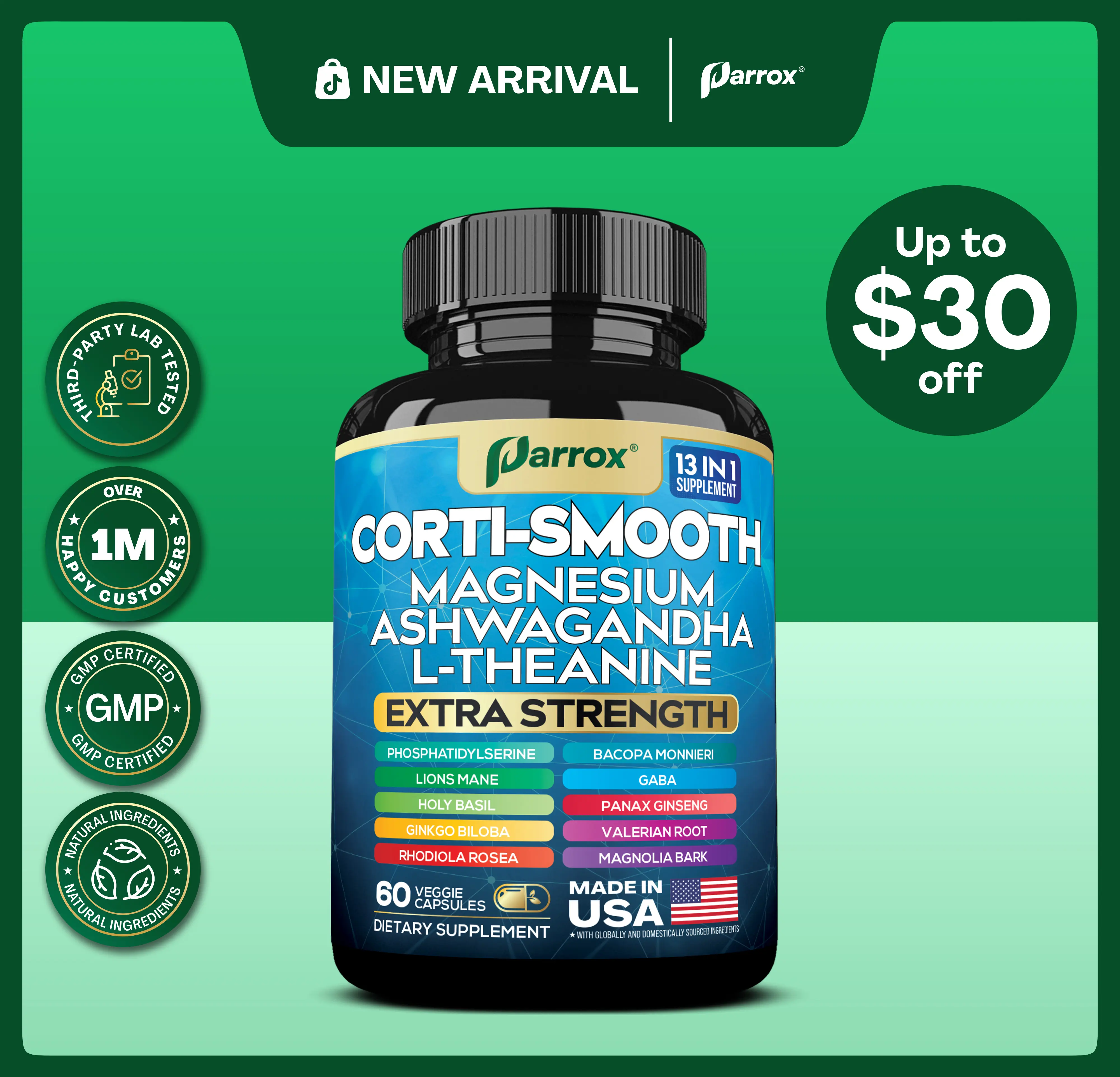 Parrox Magnesium Supplement - Corti-Smooth 13-in-1 Brain Health Supplement with Ashwagandha, L-Theanine & More Natural Ingredients - Made in USA - 60 Capsules