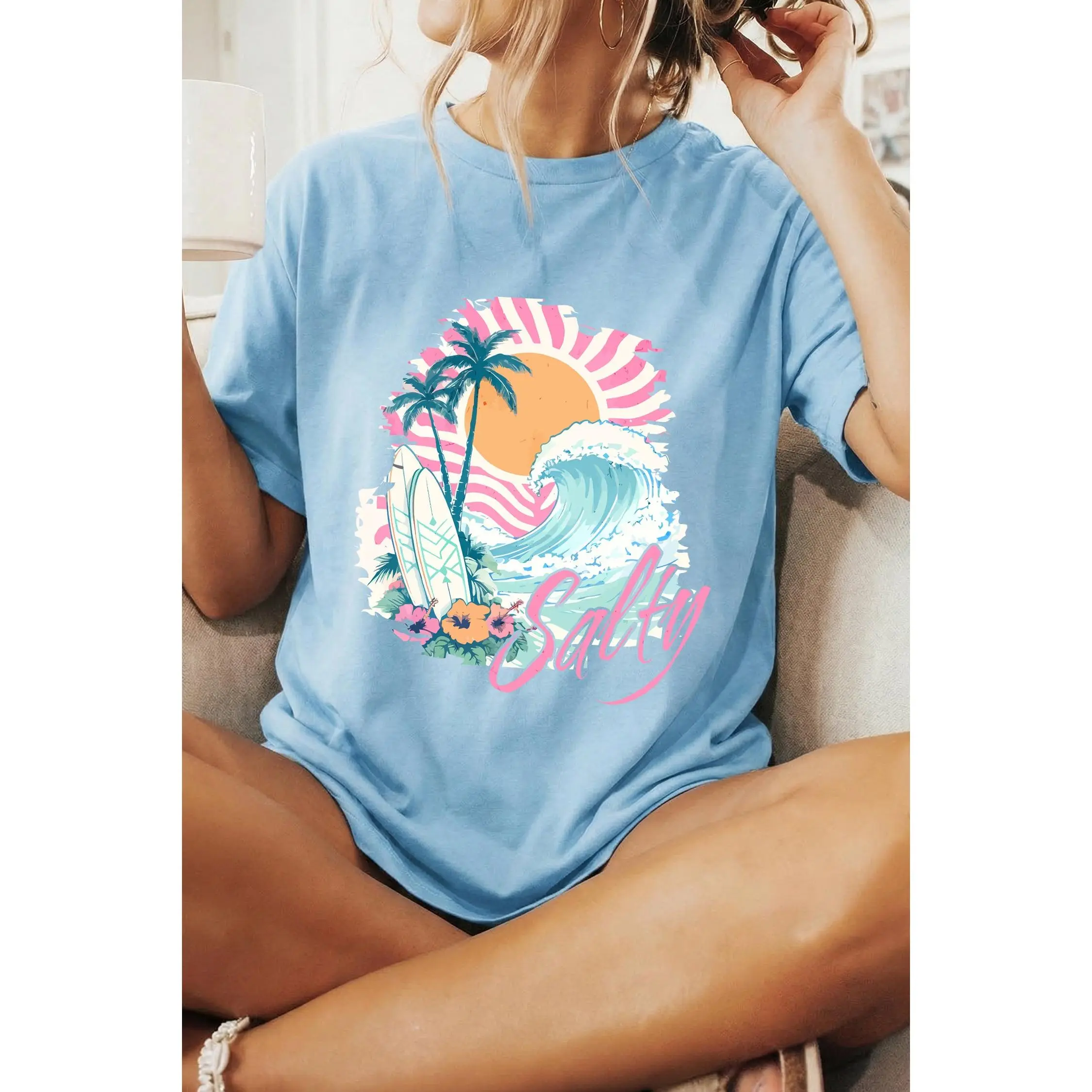 Light Blue Salty Beach Resort Vacation Surf Graphic Tee