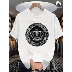 Plus Size Men's Fashion Black and White Decorative Crown Print Pattern T-Shirt Vintage Elegant Luxury Crown Pattern Menswear Top