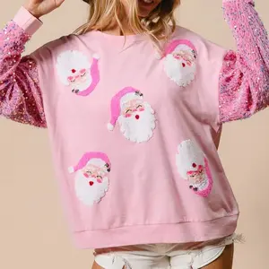 Woman's Santa Christmas Sequined Patchwork Sweatshirts long sleeve crewneck pullover Festival Holiday hoodies Sparkly Printed Xmas Sequin Long Sleeve Pullover Hoodies