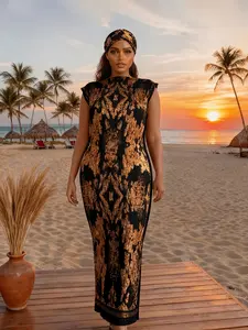 Women's Elegant Style All-Over Printed Long Dress Set, Slim Fit Moo Moo Robe & Scarf, Beach Sun Protection Shawl for Fall Winter