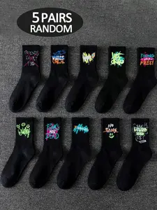 Men's Socks 5 Pairs, American Street Style Graffiti Casual Sports Long Socks, Soft Comfort Moisture-Wicking Mid-Calf Socks, Random Styles