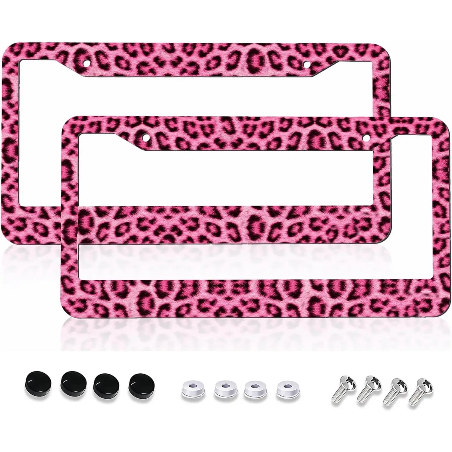 Women's Pink Leopard Print Street Legal License Plate Frame 2-Pack with Cover, Cheetah Aluminum Truck Exterior Decor Holder, 2 Holes & Anti-Theft Screws, 12.3x6.3in Standard Size for US/Canada Cars, Christmas Gift, Birthday