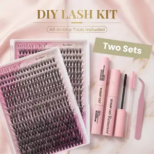 SOSIAY CICI DIY Lash Extension Kit, Mixed Density D Curl Lash Clusters, All-in-One Set with Bond&Seal, Remover, Tweezers & Brush for Beginners