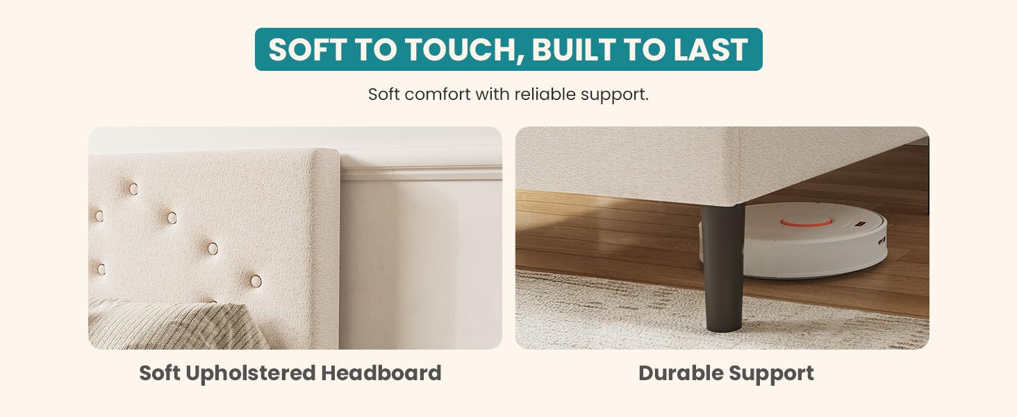 Bed Frame with Height-Adjustable Upholstered Headboard, Crystal Buckle Accents, Beige