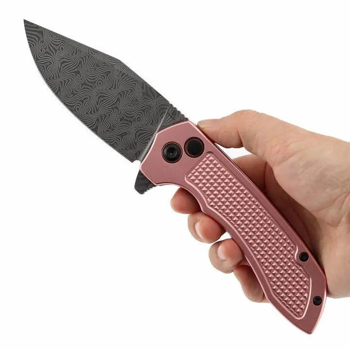 TENABLE 3.52in Water Ripple Damascus Steel Kitchen Knife - Button Lock, Rose Gold Checkered Aluminum Handle, Nalu Design, Lightweight Tools, Model B1036F4